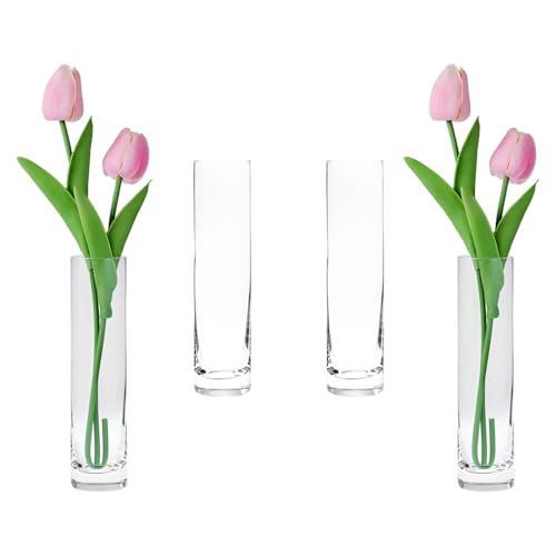 Clear Glass Cylinder Bud Vases,Small Clear Skinny Single Flower Vase for Centerpieces - Minimalist Bulk Vases for Wedding Birthday Bridal Shower Party Events Table Decor (4)
