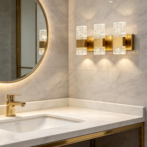 Image of Epinl Gold Bathroom Vanity Light Fixtures Bathroom Light Fixtures Over Mirror 3-Light 4000K LED Crystal Wall Sconces Modern 30W Brushed Hardwired Wall Lights for Bathroom Bedroom Living Room