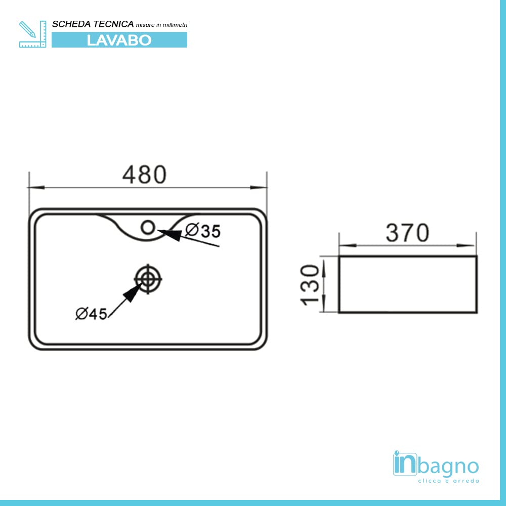Inbagno Lavabo da appoggio Rettangolare 48x37 cm con Foro Rubinetto, Design Moderno in Ceramica Bianca Lucida