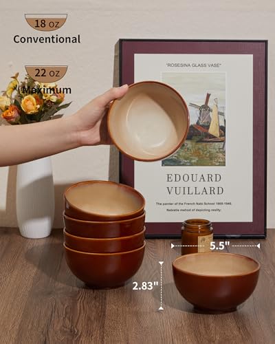 Image of Pokini Reactive Glaze Bowls Set of 6, Microwave and Dishwasher Safe Bowls, Stoneware Soup Bowls, Kitchen Bowl Set for Cereal Soup Rice Pasta Salad Oatmeal, Brown and Yellow