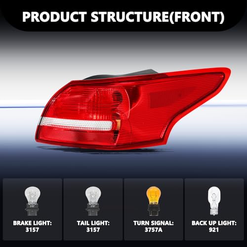 Image of Aosky Halogen Tail Light Assembly Compatible with 2015 2016 2017 2018 Ford Focus Sedan Rear Taillight Brake Signal Lamp with Bulbs RH (Right Passenger Side)