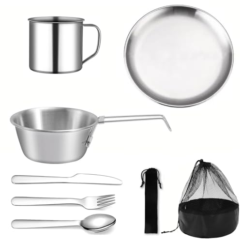 KHstylehoo Set de Vaisselle Camping 8 Pièces, Popote de Bivouac et Gamelle de Camping en INOX,...