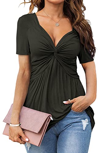 Image of Tankaneo Womens Front Knotted V-Neck Blouse T Shirt Short Sleeve Oversized Tunic Tops Summer Solid Pullover Tees