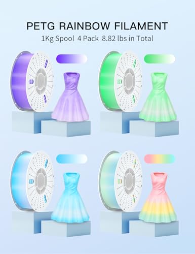 Image of PINBALL PETG Rainbow 3D Printer Filament 4KG, Multicolor PETG Filament 1.75mm, 4kg Pack, Purple+Green +Blue+Red