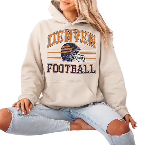 DAYLEA Distressed Denver Football Crewneck Hoodie Retro Vintage Style Cozy Game Day Pullover Top for Women