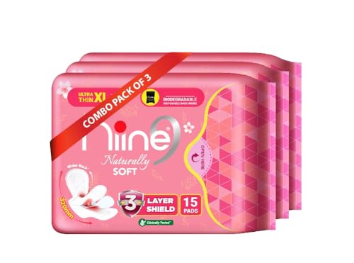 Image of NIINE Naturally Soft Ultra Thin XL+ Sanitary Napkins for Heavy Flow (Pack of 3) 45 Pads with Free Biodegradable Disposal Bags