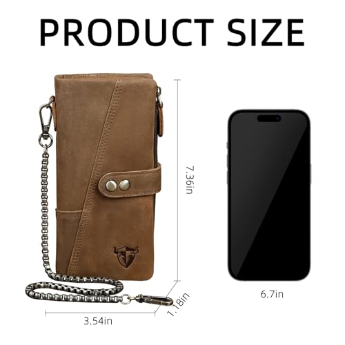 Image of Genuine Crazy Horse Leather Travel Gift Coin Pocket Card Case Long Organizer Chain Rfid Wallet Purse With Snap For Men Male 1803 1815 (1803 Brown 26b)