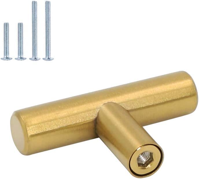 Goldenwarm 10pcs Brushed Brass Kitchen Cabinet Hardware Handle 12mm Diameter T Bar Furniture Door Drawer Pulls Knobs Length 50mm