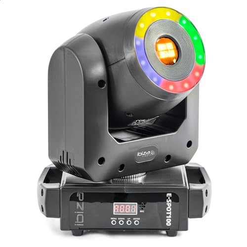 Ibiza - E-SPOT100 - Lyre Spot de 100 W + LED ring RGB multicolore de 12 x 0,3W - 15 canaux DMX - Plateau rotatif - Effet Gobos et strobo - Soirée, fête,...