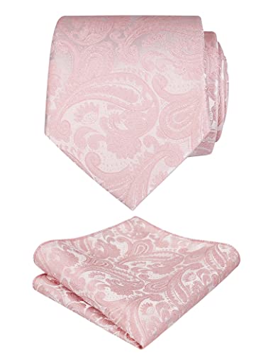Alizeal Mens Paisley Floral Tie Handkerchief Wedding Woven Necktie Set Blush Pink