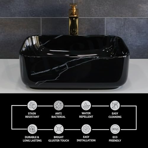 Image of BASSINO 16x12x6 Inches Ceramic Wash Basin for Bathroom /10 Years Warranty /Black & White Designer Table Top Washbasin /Rectanglar Shape Counter Top Small Wash Basin for Dining Hall /Living Room(Glossy)