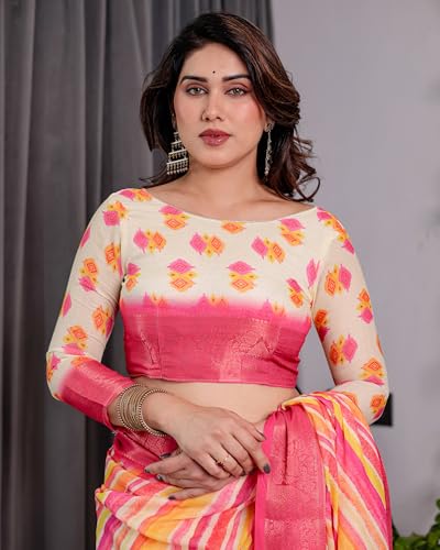 Image of ALMAARI FASHION Handloom Cotton Linen Saree for Women with Floral Printed Design and Tassel Pallu, Traditional Ethnic Lightweight Saree for Daily Office Festive with Blouse Piece