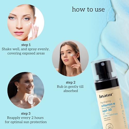 Image of inatur Vitamin E SPF 30 PA++++ Sunscreen Spray | Waterproof Sunscreen Spray | Broad Spectrum Protection + Moisturizer | Vegan & Natural | For All Skin Types | Lightweight & Non-Greasy | 50ml