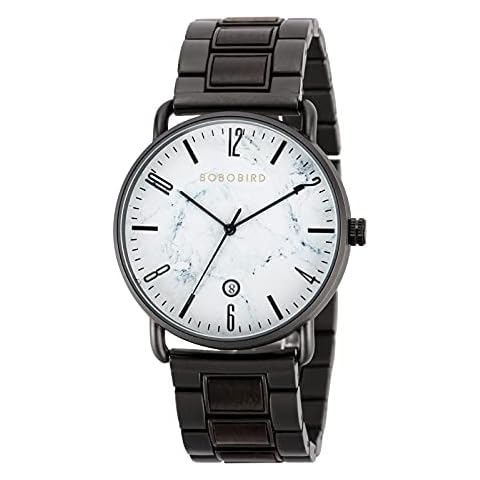 Mens Wood Watches 3D Printing Unique Black Marbling Luxury Large Dial Date Display Quartz Watch for Men, White Dial Cover