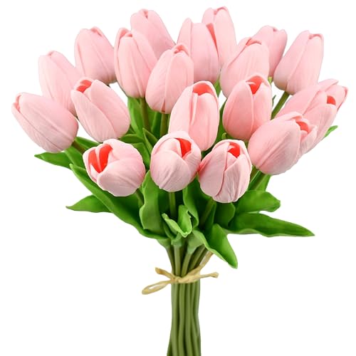Mandy's Artificial Tulips 20 Stems Light Pink PU Faux Flowers for Valentine's Day and Easter Decorations Wedding Home Decor 13.5 Inch