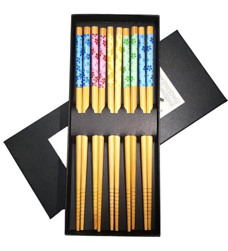5 Pairs Premium Bamboo Chopsticks Gift Set - Japanese Chinese Style Chopsticks with Elegant Gift Box for Noodles, Sushi, Asian Dining & Housewarming