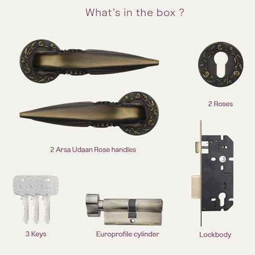 Image of Godrej Mortise Lock | Handle Lock Set for Main & Bedroom Door| Arsa Udaan Rose Handle| 240 mm Eco Lock Body | 70 mm Eco Pin Cylinder 1CK | Antique Brass| 5Year Warranty