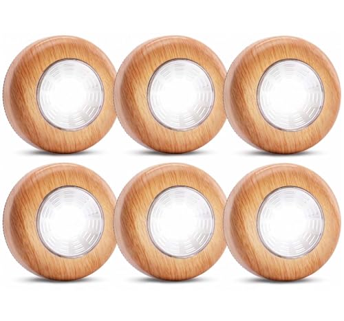 Image of Small Push Light, 6 Pack Under Cabinet Lights Battery Powered, Wood Look LED Touch Light, Wireless Puck Lights Stick On for Kitchen, Wardrobe, Closet