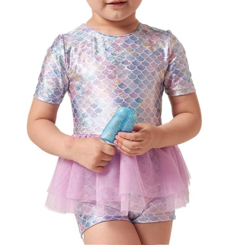 Julysand Traje de baño de sirena de una pieza para niñas pequeñas con falda de malla con volantes, traje de baño con protección solar, Impresión a escala 3, 2T