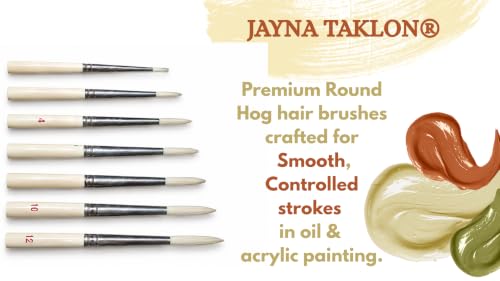 Image of Pure Hog Hair Round Paint Brush Set | Natural Bristle Artist Brushes for Oil & Acrylic Painting, Smooth Color Blending, Fine Detailing & Professional Art Creations | Sizes 0-12, Set of 7