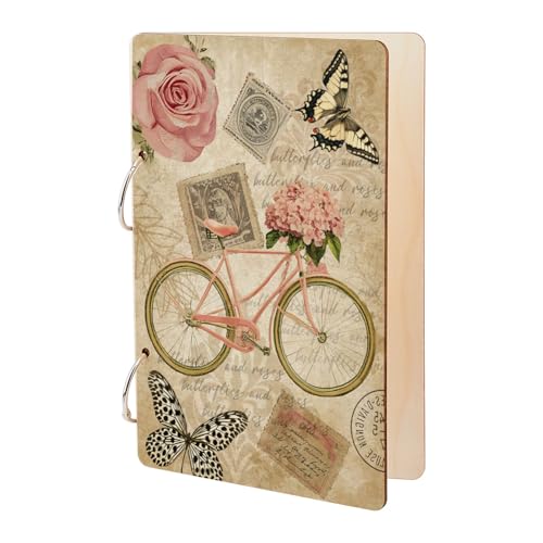 SUPERDANT Vintage Greeting Card Holder Planning Book Organizer Wooden Loose Leaf Binder Butterfly Stamps Photo Album Postcard Collection 2-Rings Cover Journal Anniversary Keeper Keepsake Gifts