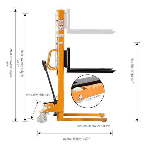 APOLLOLIFT Manual Stacker Hand Pallet Forklift 1100lbs Capacity 63" Lifting Height with Fixed Legs and Adjustable Forks Suitable for EU Pallets
