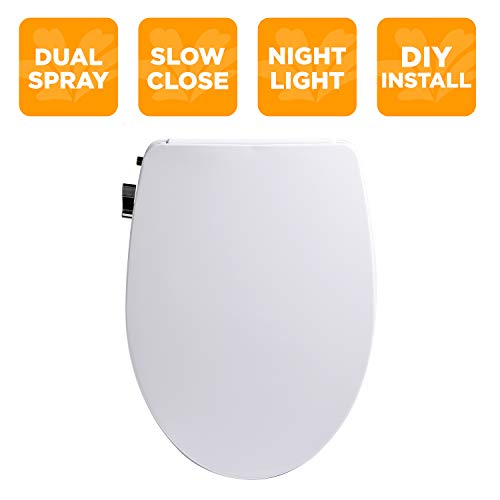 Bio Bidet Slim Zero-Non Electric Bidet Seat for Elongated Toilet, Dual Nozzle, Nightlight