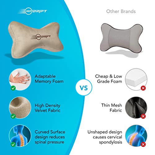 Image of Neodrift 'Neckbone' - Memory Foam Orthopedic Neck Support Car Headrest Velvet Cushion Pillow for Neck, Head, Shoulder Pain-Relief for Car Seat, Gaming Chair, Office Chair (Set of 2) Colour- Beige