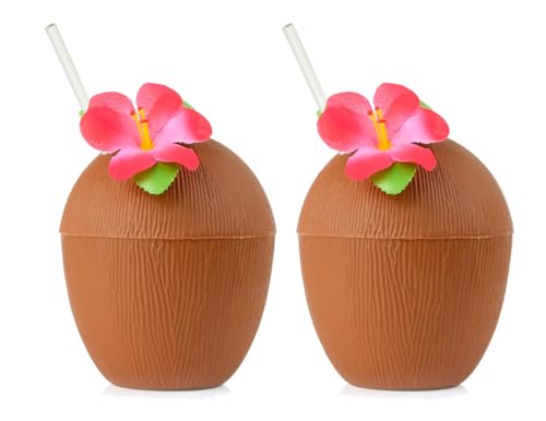 Vasos hawaianos de coco y piña – Copa de verano para cóctel tropical con pajitas de papel para jardín, cumpleaños, verano (dos coco)