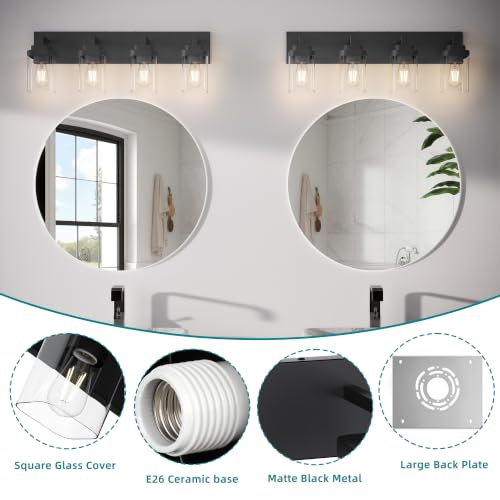 Image of Bathroom Vanity Light, Clear Glass Shade 4 Lights Morden Bathroom Lighting Fixtures Over Mirror, Black Bathroom Light Vanity Fixtures for Bathroom /Living Room /Bedroom