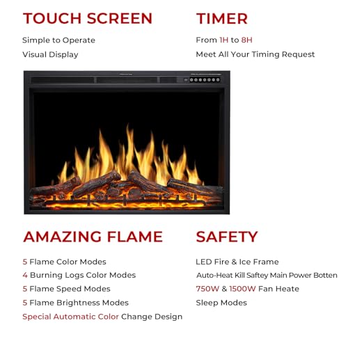 Image of R.W.FLAME 36 inch Electric Fireplace Insert, Realistic Log Recessed Electric Stove Heater, 4 Color Adjustable Flames, 8 H Timer, 5 Brightness Settings, 750 /1500W Touch Screen, Remote Control (37''X27'')
