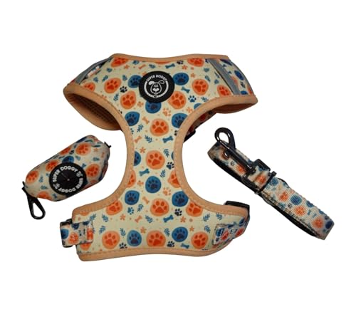 SUPER DOGGY Kit Pettorina Anti-trazione per Cani - Guinzaglio e Porta Borsa, Traspirantedi Piccola e Media Taglia, Pettorina e Guinzaglio da Passeggio (Bones & Footprints, M (7-11 KG))