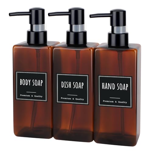 Segbeauty シャンプーボトル 3本セット 500ml ブラウン 茶色 ラベルシール付き 方形 ディスペンサー 詰め替えボトル ステッカー付き 防漏デザイのンポンプ 容器 大容量 おしゃれ 漏れ防止 簡単取り付け 浴室 洗面所 アルコール 洗濯洗剤