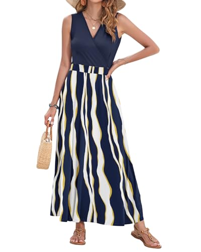 Image of AUSELILY Womens Maxi Dress Summer Sleeveless Wrap Long Dresses with Pockets | V-Neck Wrap Sleeveless Sundress, fits formal, casual, beach, vacation & daily wear