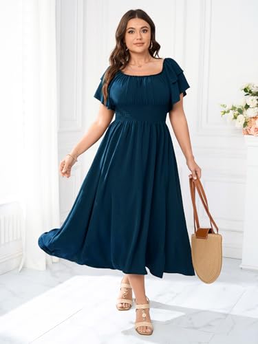 Plus Size Maxi Dress Off The Shoulder Ruffle Smocked Wedding Guest Cocktail Slit Hem Flowy Dresses for Curvy Women3