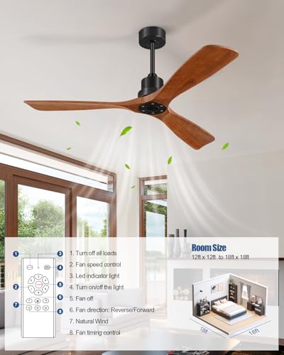 Image of Ceiling Fans With Remote Control, Outdoor Ceiling Fan for Patios Indoor, 3 Downrods, 3 Blades, Timer, 6 Speed Reversible Quiet DC Motor Modern Fan Solid Wood Fan, 60in, Brown