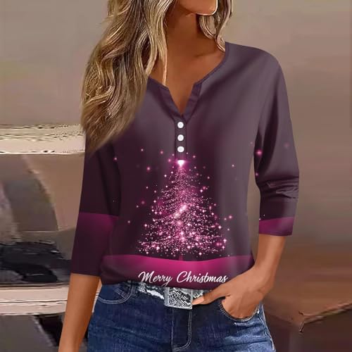 Christmas T Shirts for Women 3/4 Sleeve V Neck Button Down Blouses Vintage Holiday Print Comfy Casual Xmas Outfits2