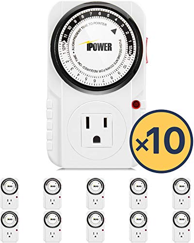 iPower 24 Hour Plug-in Mechanical Electric Outlet Timers Switch Programmable Indoor, Accurate Heavy Duty 3-Prong for Lamps Fans Christmas String Lights, AC 1725W 1/2 HP, UL Listed, White, 10 Pack