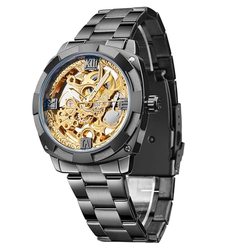 Montre squelette automatique homme noire avec mouvement mécanique creux et look vintage