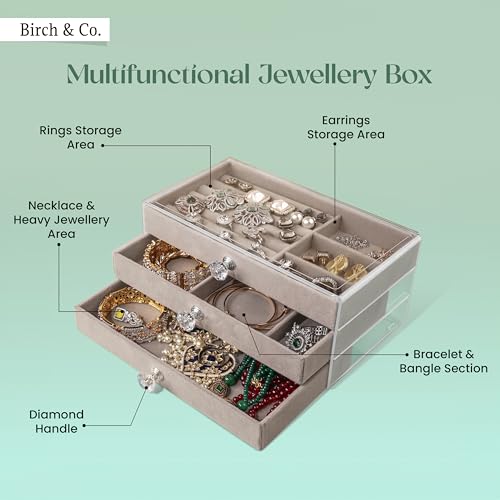Image of Birch & Co. Jewellery Box - 3 Layer Jewellery Organizer Storage Box, Portable Travel-Friendly Storage. Elegant Storage Case for Rings, Earrings, Necklaces & Bracelets, Grey