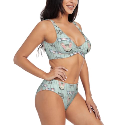 Bikini de cola de conejo Happy Easter Eggs para mujer con nudo frontal 2