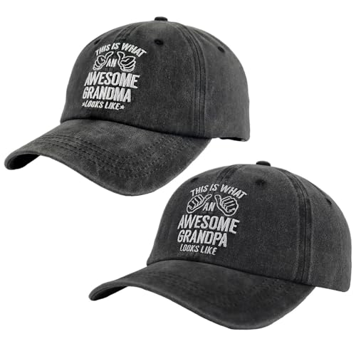 Image of 2PCS Grandpa and Grandma Hats for Men Women, Adjustable Wash Cotton Embroidered Funny Grandparents Baseball Cap