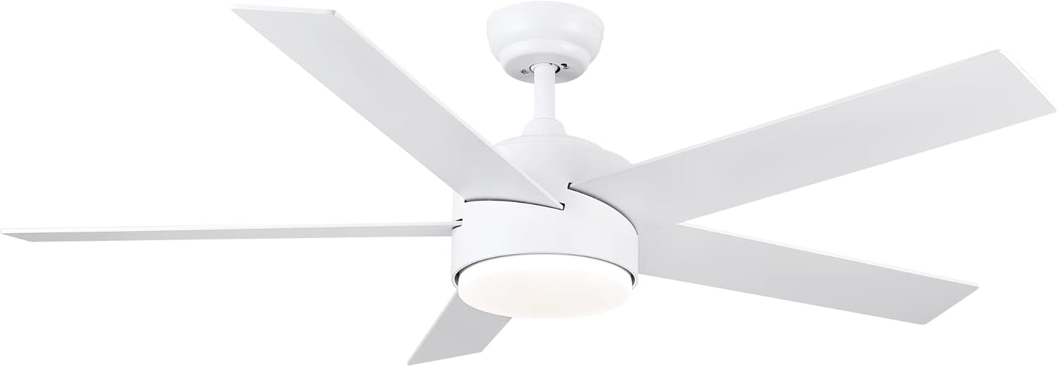 52 inch Indoor White Ceiling Fans with Lights and Remote, Dimmable 3-Color Temperature, Quiet Reversible Motor, 5 Blades LED Modern Ceiling Fan for Bedroom, Patios