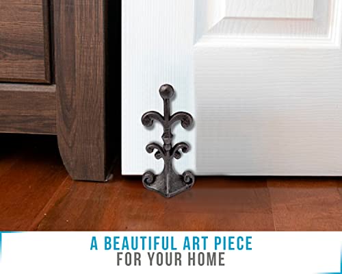 Fleur De Lis Cast Iron Door Stop | Decorative Door Stopper Wedge | With Padded Anti-Scratch Felt Bottom | Antique Vintage Design | Solid And Heavy Duty| 4X3.5X7.75" | Silver With Black By Comfify #TOP5
