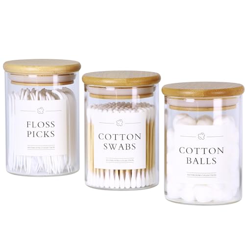 INIUNIK 3 Pack Qtip Holder Dispenser – Glass Apothecary Jars with Lids, Cotton Ball Pad Swab Round Holder, Bamboo Bathroom Accessories, Bathroom Organizers Containers Jars Canisters with Lids