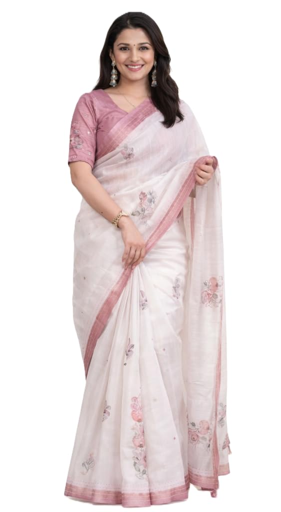 Floral Embroidered Linen Cotton Saree for Women, White with Pink Border, Festive and, Unstitched Blouse Piece Included-image-22
