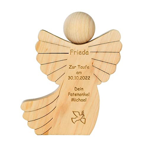 Engel aus Holz mit Gravur | Persönliches Geschenk für Taufe, Kommunion oder Geburt (mittel (ca. 15,5 x 12 cm))