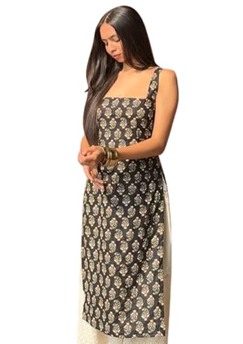 Image of Women's Sleeveless Ajrak Print Kurti, Pure Cotton Straight Fit Straight Cambric Jaipuri Printed Kurti
