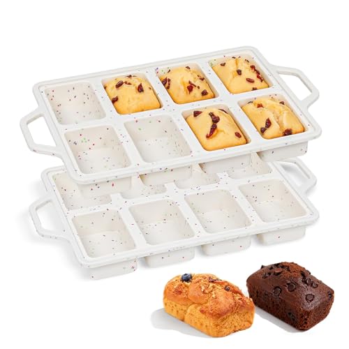 FUNBAKY Mini Loaf Pans with Metal Frame - Silicone Bread Loaf Pan 8-Cavity BPA Free Nonstick for Baking Banana Bread Cakes Brownies Meatloaf 2 Pack