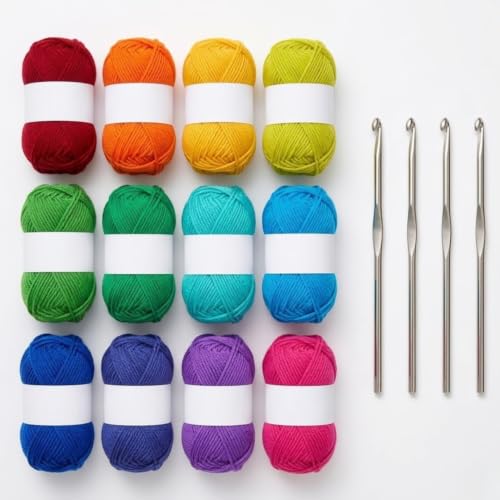 Image of Yarn Kit with Hooks - 12 Multicolour Yarn Wool Oon Balls + 4 Crochet Kroshiya Needles Set for Beginners, DIY Knitting & Craft Kit for Kids & Adults, Soft Wool Yarn Bundle for Crochet Projects